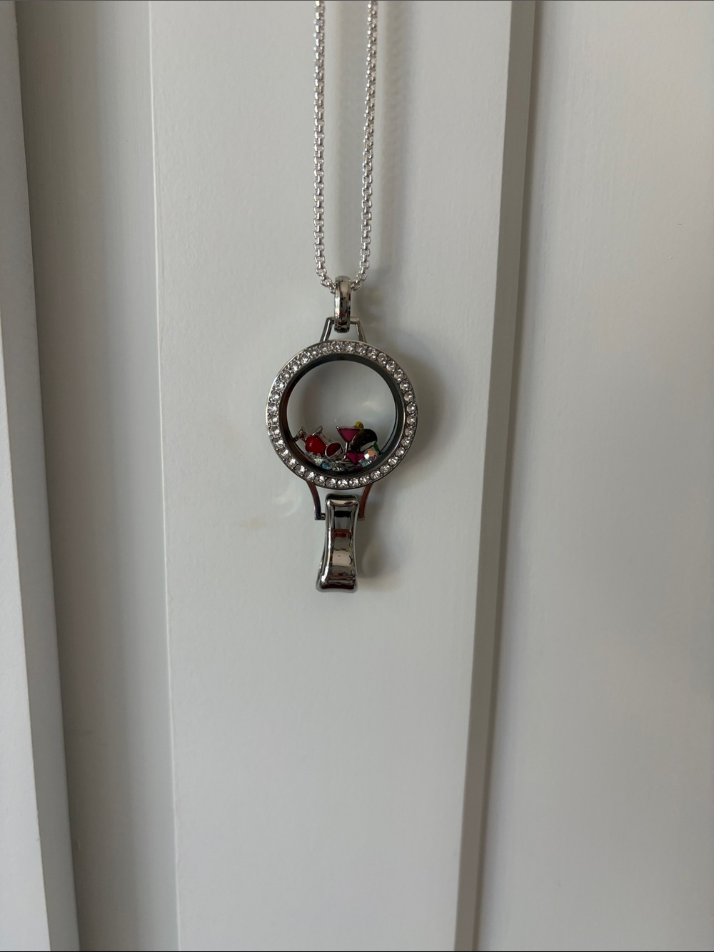 Origami Owl Badge clip silver hinged locket w chain w charms